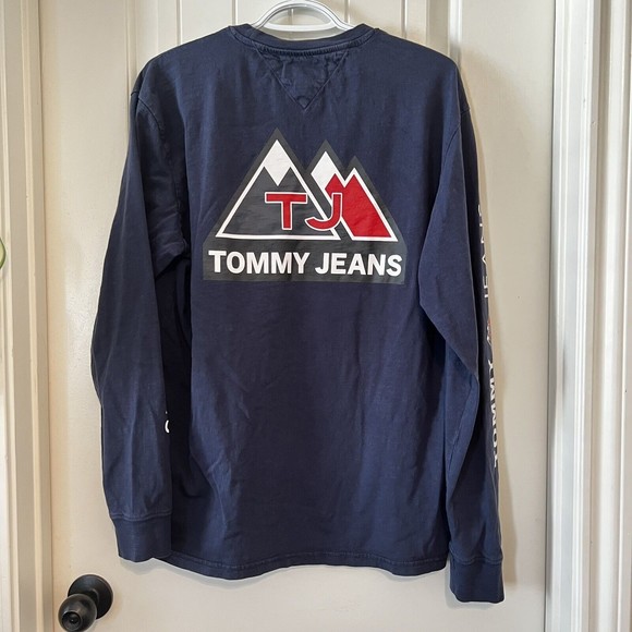 Tommy Jeans USA Men’s Medium Mountain Logo Long Sleeve Spell out T-Shirt Blue - Picture 3 of 11